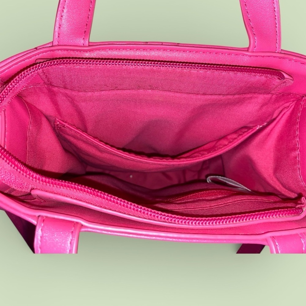 CROSSBODY Quilted Mini Tote Handbag w/Handles Fuchsia Hot Pink Adjustable Straps - Picture 4 of 7